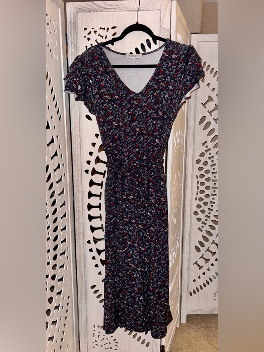 Merrick White Short Sleeve Floral Midi Dress